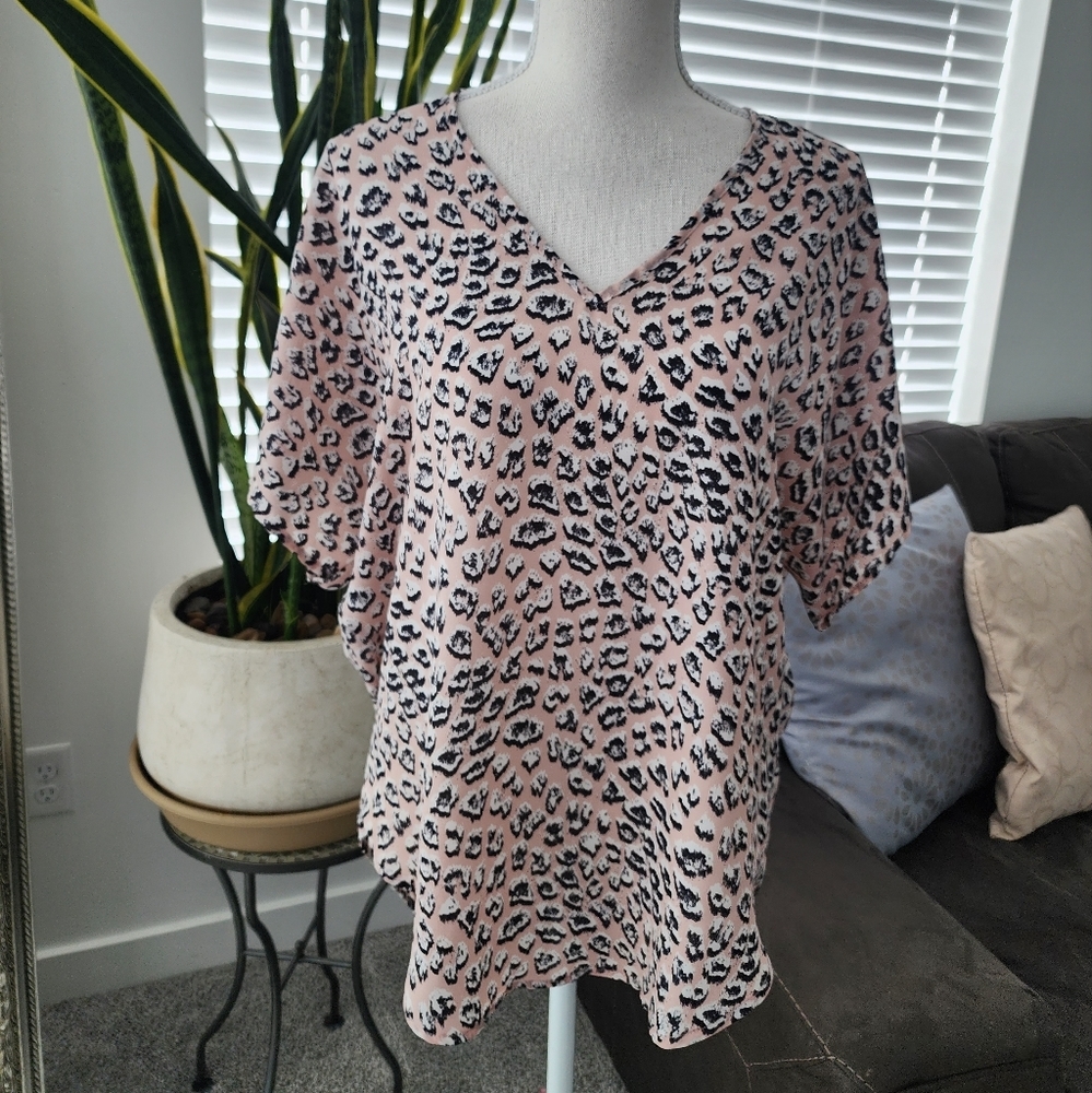 Lush Pink Leopard Print V-Neck Blouse